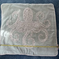 COASTAL COLLECTION Slvr/wht Beaded Sequin Octopus SEAFOAM GREEN  Pillow Zipper