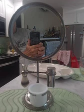 Vintage Shaving Stand, BEVELED Mirror, Milk Glass Cup, RUBBERSET Shaving Brush