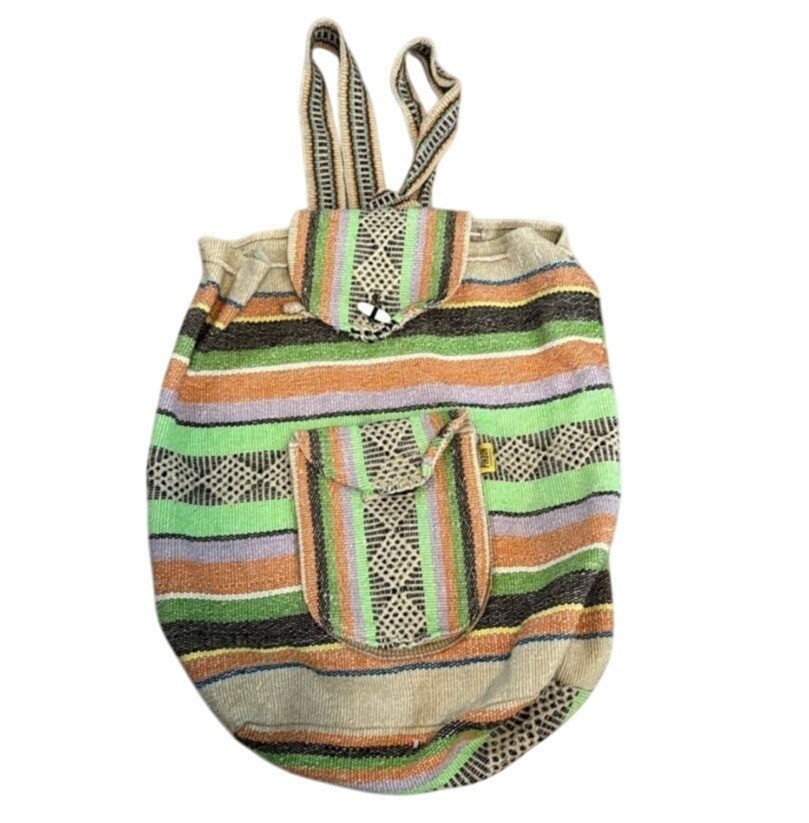 Handwoven Striped Backpack With Button Closure - image 1
