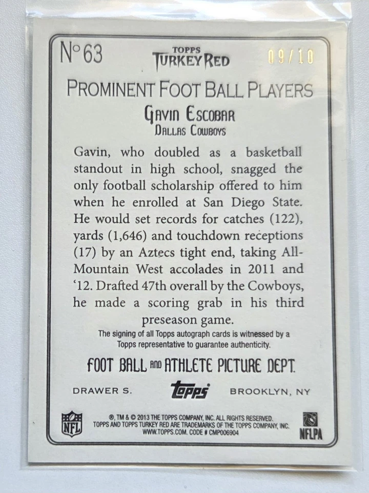 2013 Topps Turkey Red Gavin Escobar Green Autograph! #63 /10 - Image 2 of 2