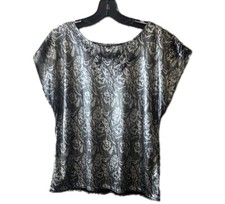 Vintage Joannas Floral Blouse Medium Made USA Black Silver Short Sleeve