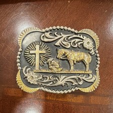 Western Americana Belt Buckle Cowboy Kneeling at Cross Horse Silver Gold Tone