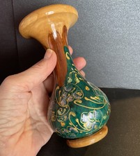 Turned Burlwood bud vase - Hand Painted Green Floral - Gloss Finish - 5.75  Tall