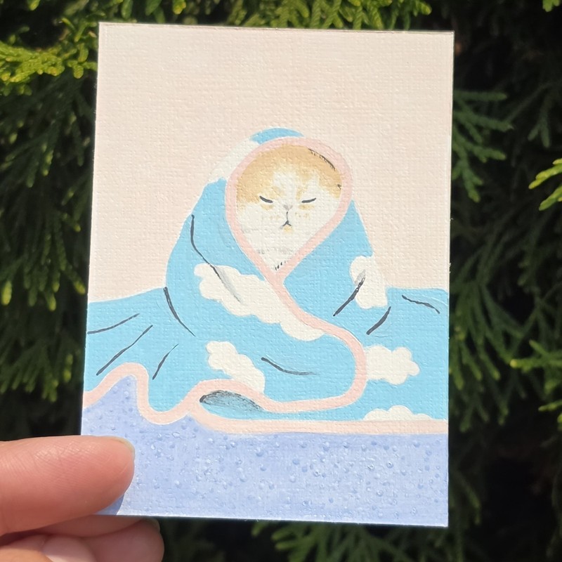 ACEO Original Cat Painting, Vanessa J, Cute Snug Blanket W/ Clouds