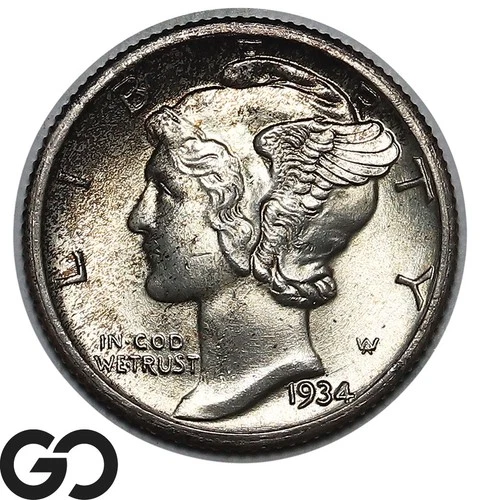 1934 Mercury Dime, Full Bands, Gem BU++ FSB