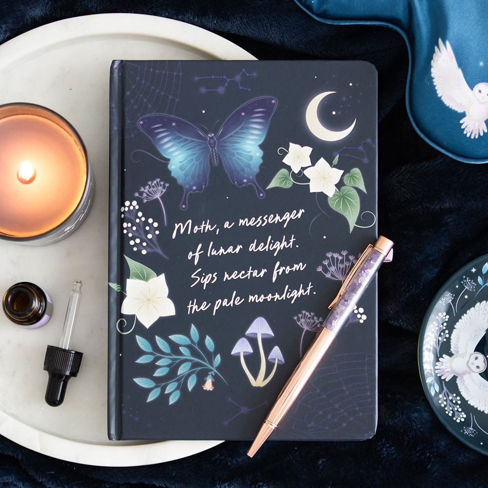 Dark Forest Midnight Moth A5 Hardback Notebook & Amethyst Chip Pen