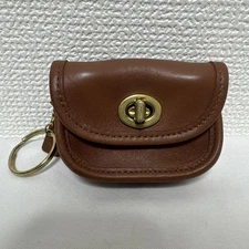 Coach Coin Case Keychain Turnlock Leather Light Brown Gold Metal Unused Good JP