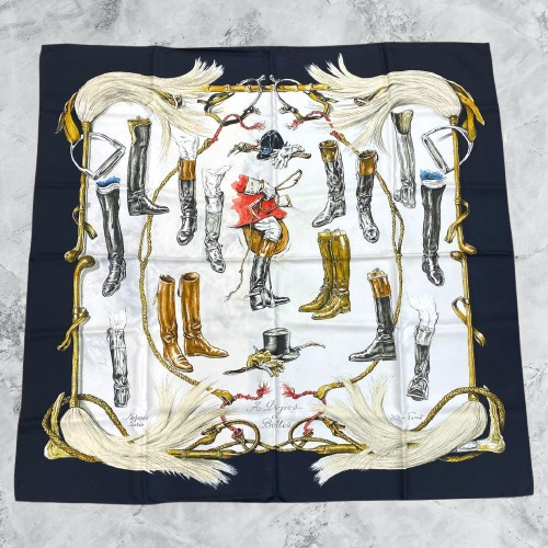 HERMES Carre 90 A Propos de Bottes Silk Scarf Black 90cm Japan Used
