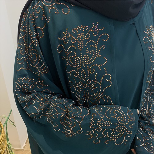 Moroccan Abaya Muslim Women Batwing Sleeve Chiffon Maxi Dress Hot Drilling Gown - Picture 21 of 41