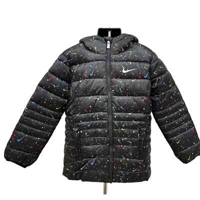 NWT Nike Girls Black Multi/ Swoosh Pattern Hooded Zip-Up Coat Sz