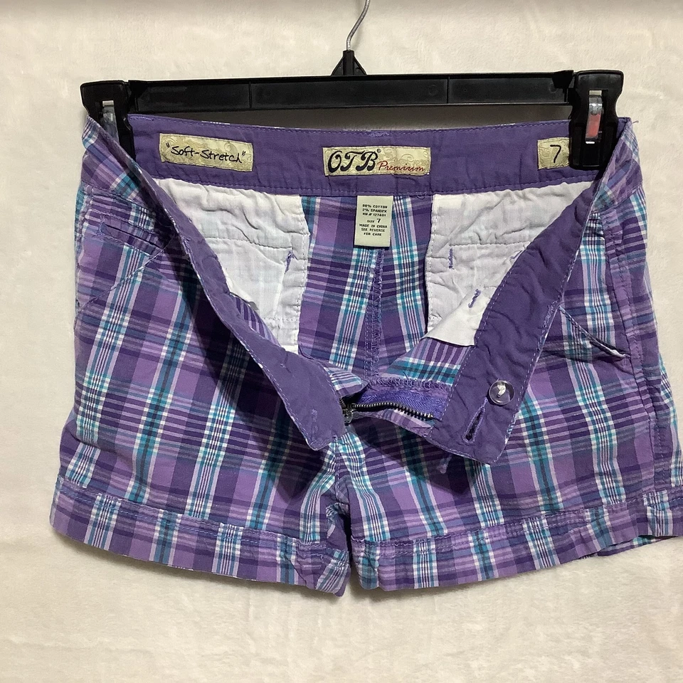 Pantalones Cortos OTB Premium Juniors Talla 7 Púrpura Cuadros Tiro Bajo Chino Suave Elastizado Preppy Foto 4 de 4