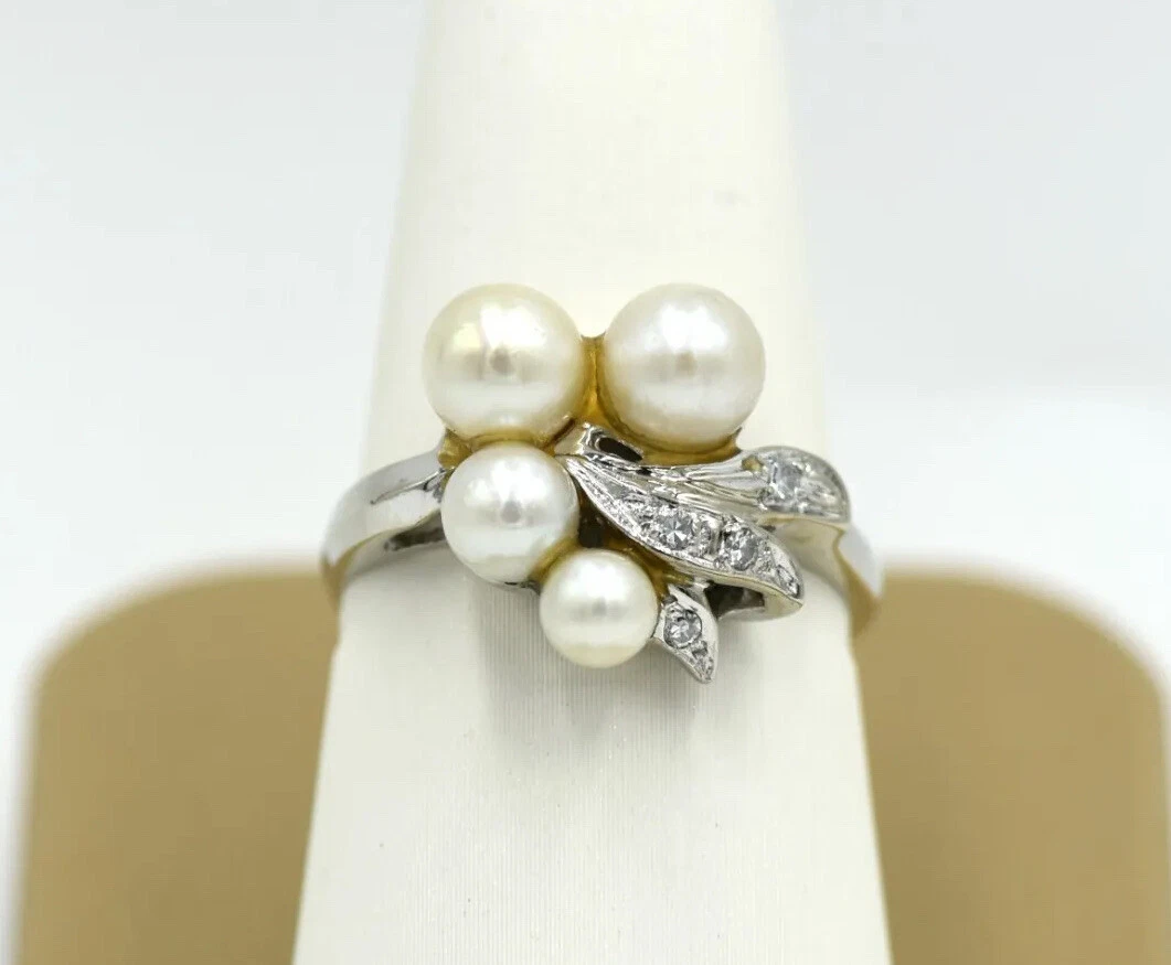 Estate 14K White Gold Pearl Cluster Diamond Leaf Ring Band SZ 7 Setting Leaves