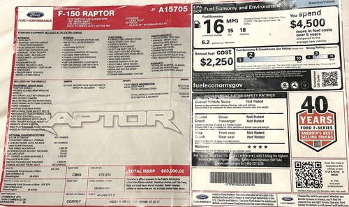 Ford F-150 RAPTOR 2018-Original Dealer Window Sticker | eBay