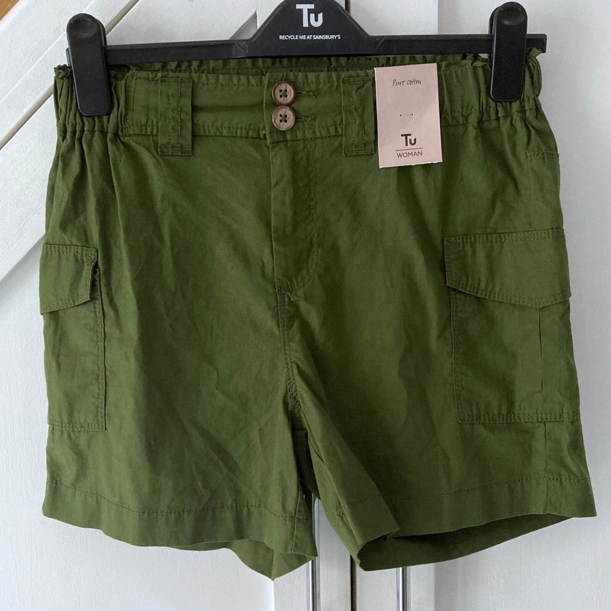 TU Size Khaki Green Army Dark Shorts Cargo Pockets Cotton - Main Image