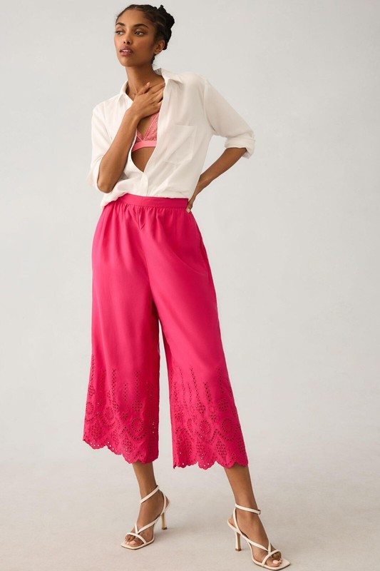 By Anthropologie Wide-Leg Eyelet Crop Pants Pink Embroidered Pocket L US12 NEW