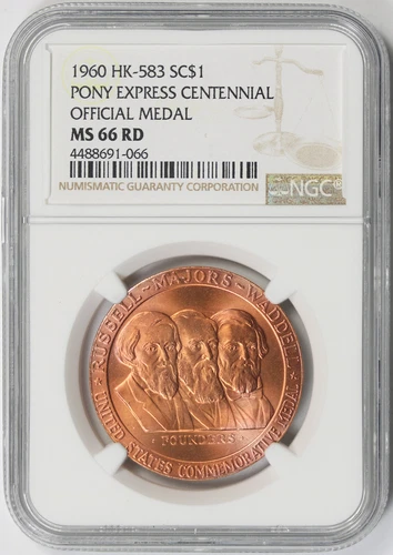1960 HK-583 Pony Express Centennial So-Called Bronze Dollar SC$1 MS 66 RD NGC