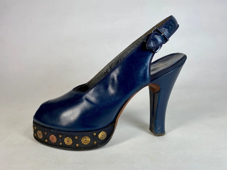 Vintage Años 40 MACKEY STARR Tacones Plataforma Cuero Azul Marino Con Lentejuelas Talla 3.5 Foto 3 de 4