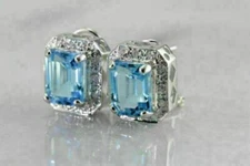 3Ct Emerald Cut Blue Topaz Omega Back Halo Stud Earrings 14K White Gold Finish