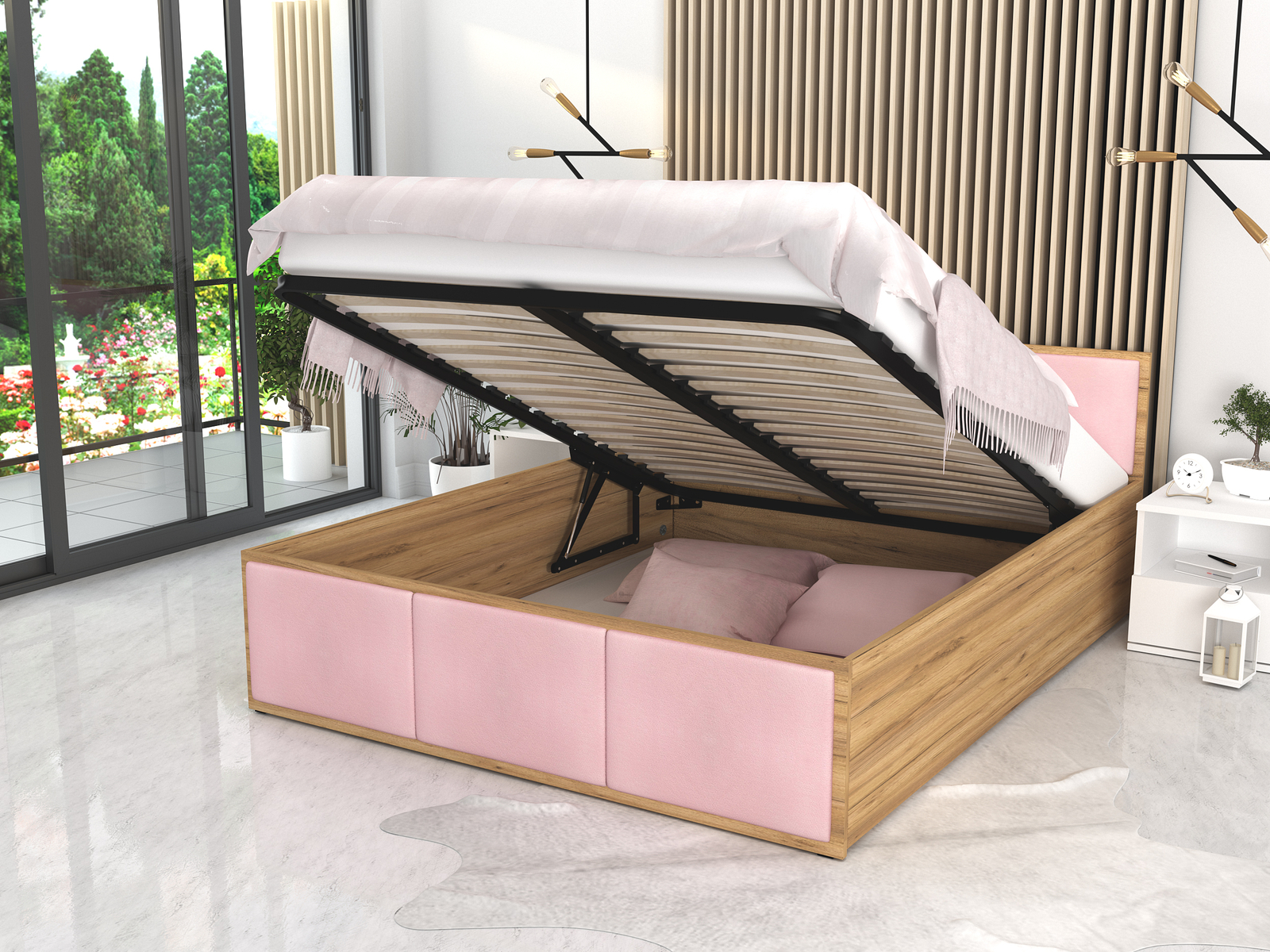 Bett PANAMA 140x200 cm mit Lattenrost Kiefer Rosa Polster Bettkasten