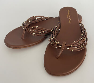 NEW Gianvito Rossi Beaded Multi Strap Flat Thong Sandals Brown W Dust Bag 35.5