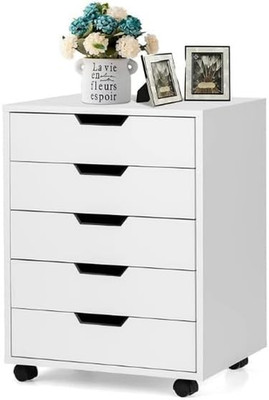 Moado Mobile 5-Drawer Wood File Cabinet with Wheels - White Storage Solution