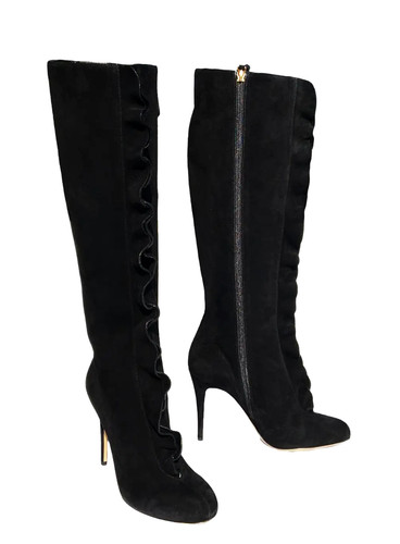 NEW VALENTINO GARAVANI BLACK SUEDE RUFFLE EMBELLISH KNEE BOOTS ITALIAN 36.5