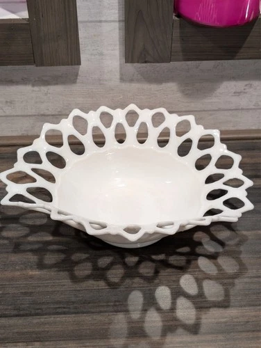 Vintage Westmoreland Milk Glass Doric Open Lace Oval Fruit Bowl