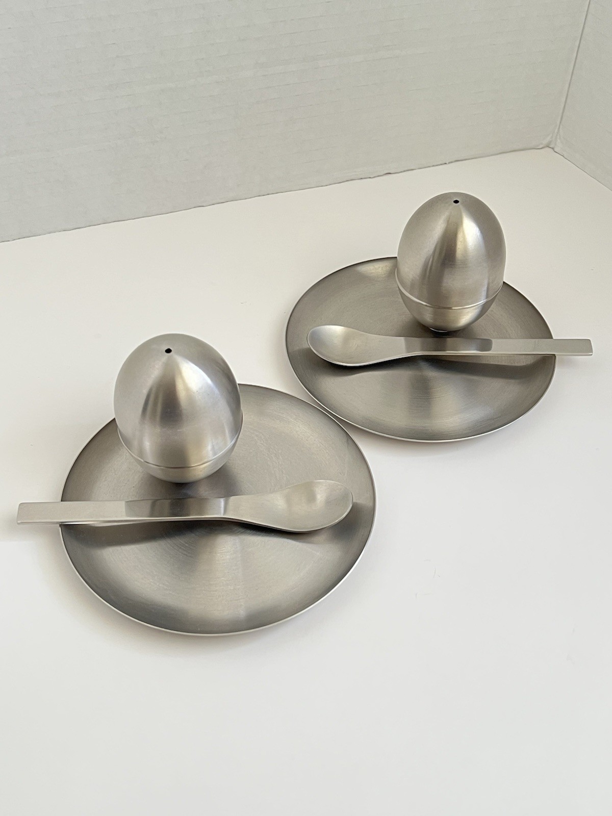 2 Modernist Mcm Stainless Steel Egg Cups W/ Built In Salt And Pepper And Spoons
