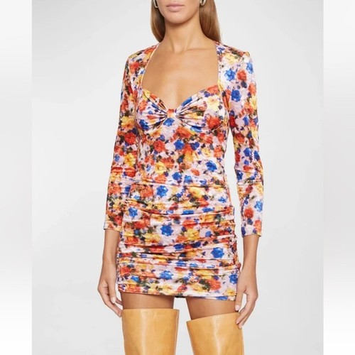 Isabel Marant Womens Velvet Floral Long Sleeve Goji Printed Ruched Mini Dress 10