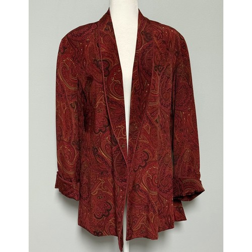 Krizia, Vtg 80's Krizia Italy 100% Silk Paisley Open Front Blazer Burgundy Gold Size 8