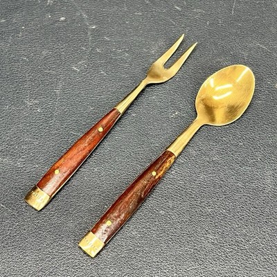 Vintage Thailand Cocktail Fork And Spoon Wood / Brass 4.5  Artisan Made.