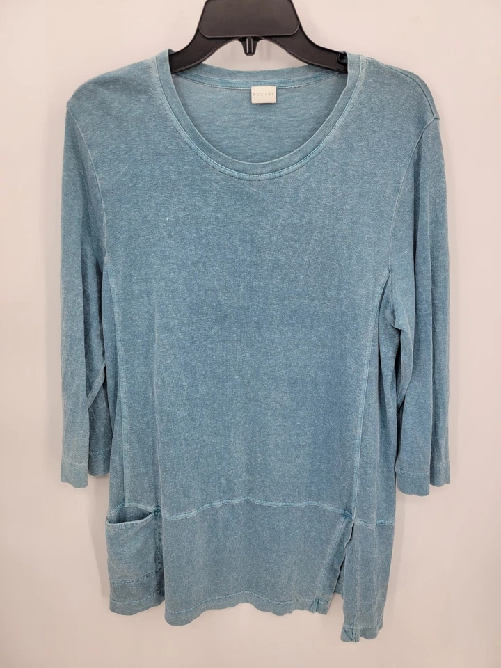 Top de poesía para mujer 12 azul cáñamo algodón manga 3/4 bolsillo abertura dobladillo pulóver Foto 2 de 4