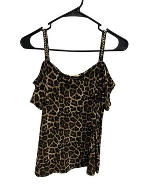 MICHAEL Michael Kors Leopard Print Cold Shoulder Top Brown Sz Medium Embellished