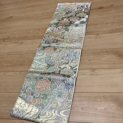 Obi FUKURO OBI Peony Flowing Water Pattern Gold Thread Silver Thread Pure Silk