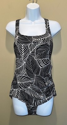 Speedo Scoop Neck/X-Back 1-Pc Soft-Cup Swimsuit Black & White Leaf Print Size 14