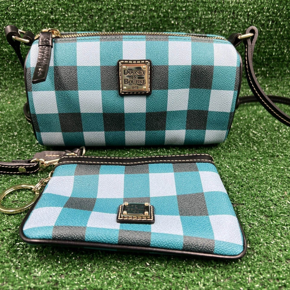 Bandolera Dooney & Bourke Tucker Penny verde azulado a cuadros y monedero a juego nueva Foto 2 de 4
