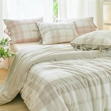 100 Washed Cotton Duvet Cover Set 3pcs with Queen - 90" x 90" Grid-khaki