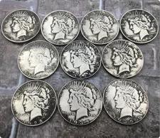 Peace Silver Dollars 1921-1935 Lot of 10 Uncirculated 90% Silver Coin Mixed Year
