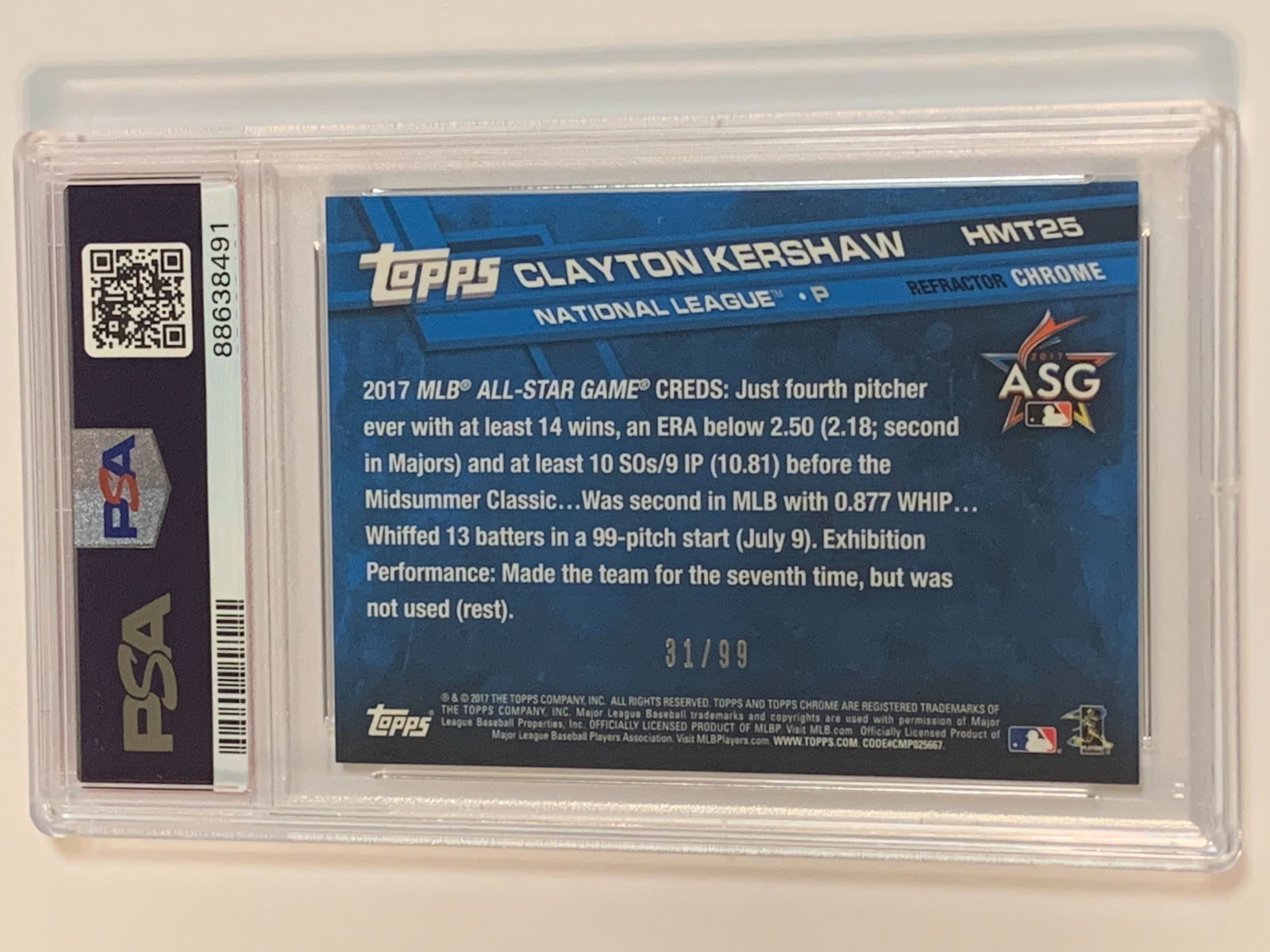 2017 Topps Chrome Update Xfractor #HMT25 Clayton Kershaw /99 - PSA 9 (Mint) view 2