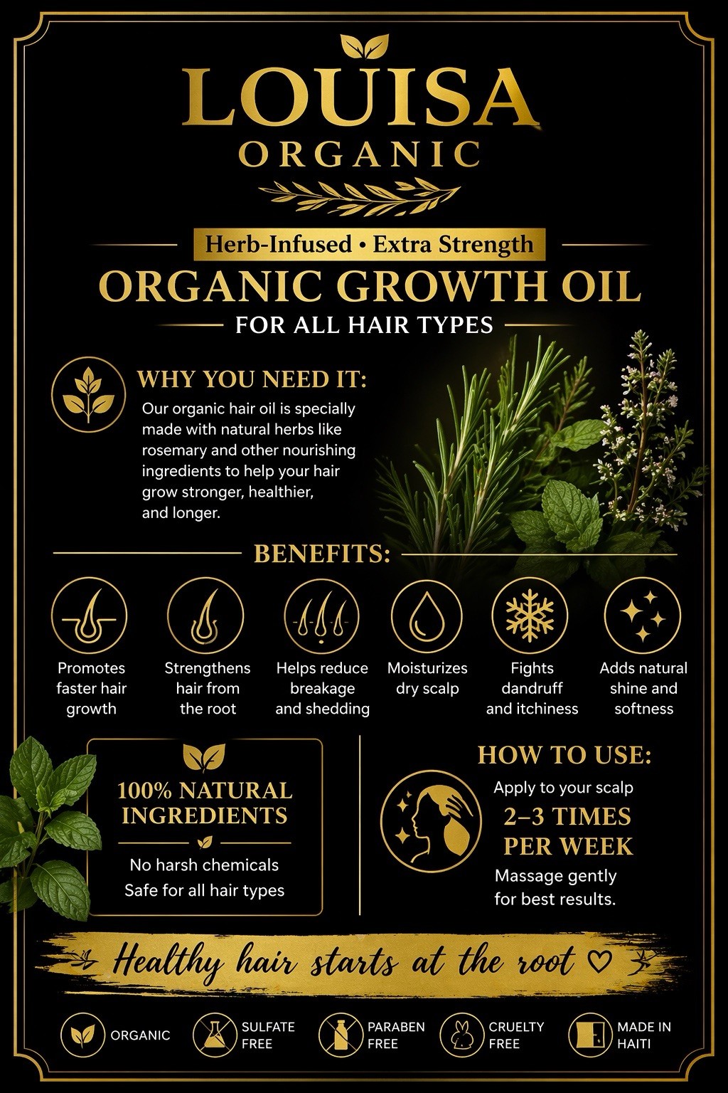 Louisa Organic Herb-Infused Extra Strength Rosemary Growth Oil 250ml / 8.4 fl oz