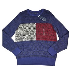 NWT Tommy Hilfiger Mens Fair Isle Flag Cotton Blue/Wht/Red Crewneck Sweater Sz M