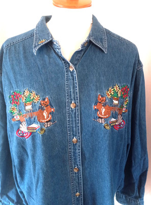 Cat Lady  Embroidered Denim Shirt With Cats & Flowers Size XL