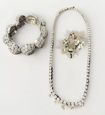 Clear Rhinestone Necklace Bracelet Earrings lot of 3 Victorian VINTAGE Jewelry