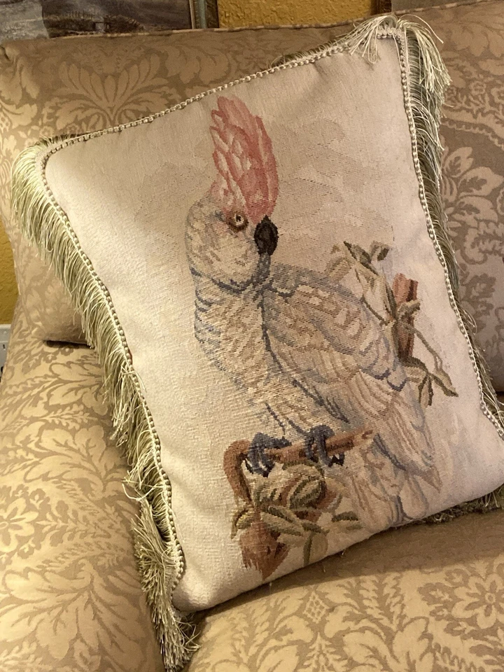 Almohadas de cacatúa 1990 tapiz de lana flecos de seda - Juego de 2 Foto 2 de 4