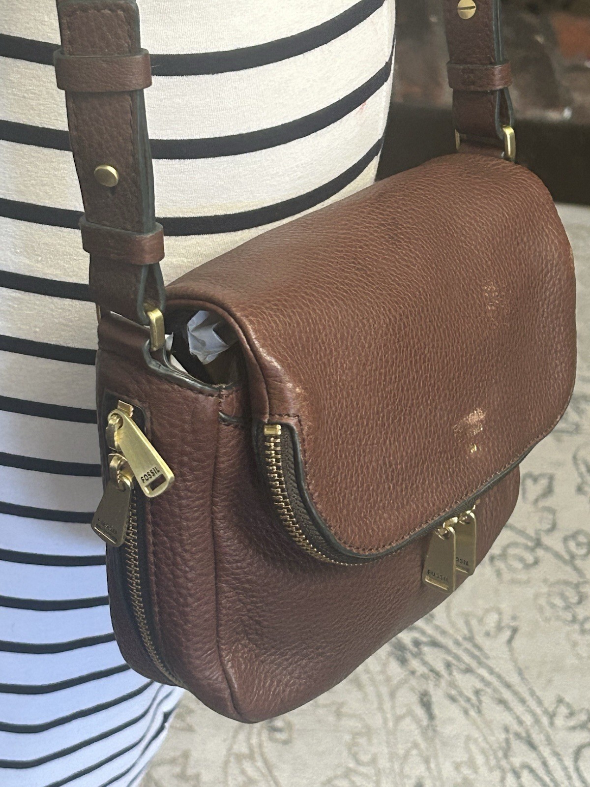 Fossil Preston Small Flap Crossbody Bag Espresso Brown Pebbled Leather Handbag image 4