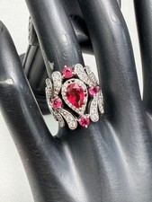 Gorgeous Silver Tone Red Ruby Gemstone Statement Ring Size 6