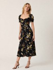 $195 REFORMATION puff sleeve slit midi dress - Black Floral Print - US 4