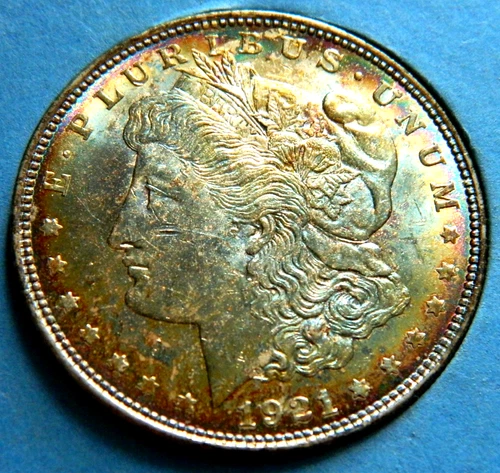 🌈BU.1921 p $1 Morgan Silver Dollar🌈Rainbow naturally toned.