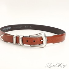 Vintage Bison Made in USA Leather Brown Beveled Edge Silver Tip Western Belt 34