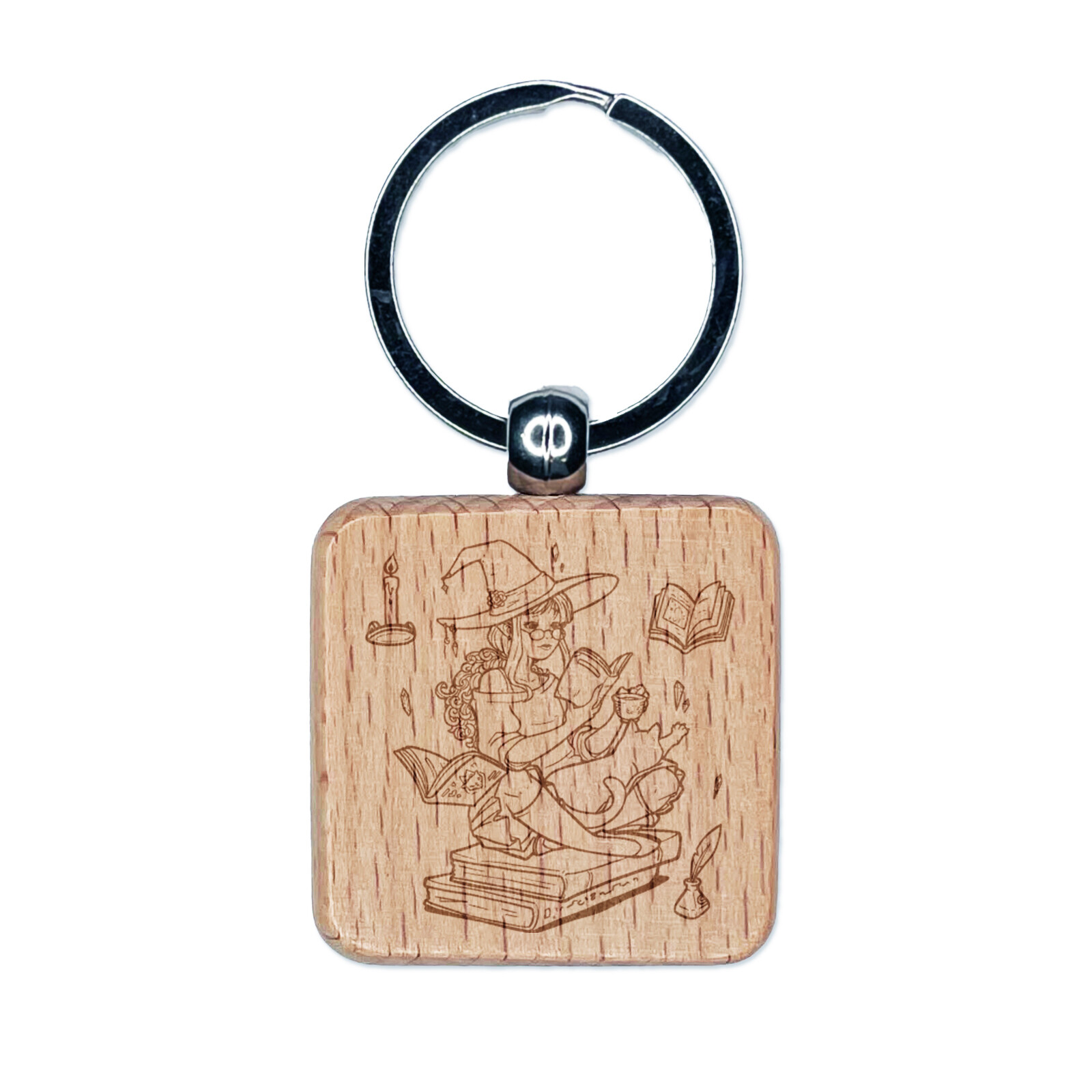 Studious Witch Reading with Cat Halloween Wooden Keychain